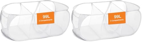 Durable Collapsible Foldable Mesh Pop Up Laundry Basket, 3 Compartments Easy to Carry & Sort Clothes Hampers for Home, Dorm, Travel White (Pack of 2) by Bemkoo