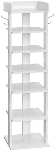 HOOBRO Vertical Shoe Rack for Front Door Entryway, 7 Tier Wooden Shoe Storage Organizer with Hooks, Narrow Shoe Tower for 7 Pairs, Space Saving, for Corner, Closet, Bedroom, White WT61XJ01 by HOOBRO
