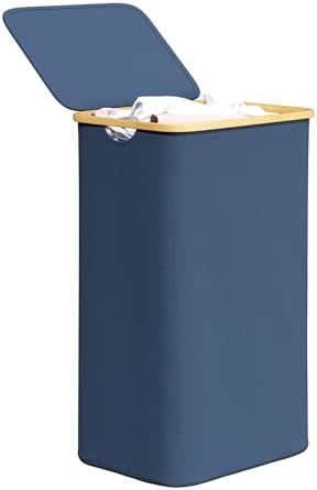 SpaceAid Laundry Hamper with Lid, 110L Large Tall Clothes Basket Bin with Bamboo Handles, Collapsible Laundry Hamper for Bedroom, Bathroom, Dorm, Laundry Room - Blue by SpaceAid