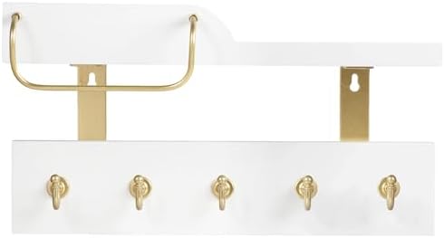 Tirzah Key Holder Wall Mount 2-Tier Real Wood White Entryway Organizer Floating Shelf with 5 Gold Metal Hooks, Sunglasses Holder Bar, Guard Rail for Keys, Mails, Hats (14" × 6" × 4") - Image 6