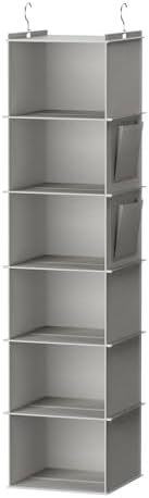 YOUDENOVA Hanging Closet Organizer and Storage, 6-Shelf, Light Grey | Breathable Fabric, 2 Side Pockets, Clothes Organizer, Hanging Shelves, Closet Storage, College Dorm Room Essentials for Guys by YOUDENOVA