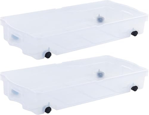 Rubbermaid 68 Quart Under the Bed Low Profile Storage Boxes with Dual Hinged Lids and Easy Rolling Caster Wheels, Clear, 2 Pack by Unknown