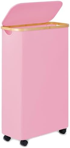 Slim Laundry Basket with Wheels,Narrow Hampers for Laundry,Freestanding Laundry Hamper with Lid&Bamboo Handles,Collapsible & Waterproof Tall Cloth Hamper for Dorm Family(60L Pink) by Merkisa