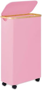 Slim Laundry Basket with Wheels,Narrow Hampers for Laundry,Freestanding Laundry Hamper with Lid&Bamboo Handles,Collapsible & Waterproof Tall Cloth Hamper for Dorm Family(60L Pink) by Merkisa