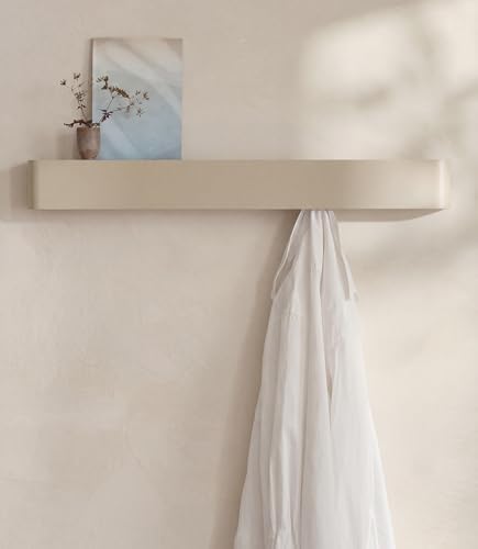 Kazai. Coat Rack Wall Mount with Shelf 'Tone' | Modern Design Coat Hanger with Hidden Hooks and Storage | Hat Rack with Shelf in Metal | Wall-Mounted Purse Organizer | Sand Taupe by KAZAI