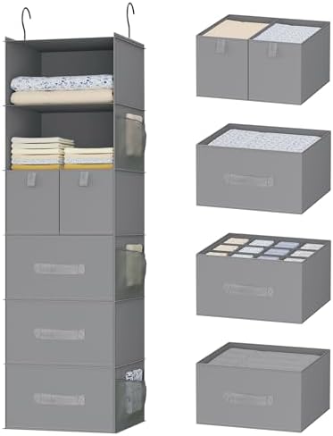 6-Shelf Hanging Closet Organizer with 5 Drawers, Non-Woven Storage, Gray | Spacious compartments sort clothes & undergarments; foldable drawers add hidden storage for closets, wardrobes or RVs. by Bosuelife