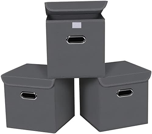 Closet Organizers Fabric Storage Bins With Lids Collapsible Cube Storages Organizer Basket With Handles,Storage Boxes for Clothes Storage,Office,Toys,3 Pack,（Grey by SEVENDOME
