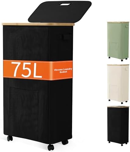 Laundry Basket with Wheels, Dirty Clothes Hamper on Wheels, Rolling Tall Laundry Hamper with lid for Laundry Room, Dorm and Bathroom, 75L Black by Vincona