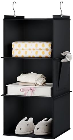 YOUDENOVA Hanging Closet Organizer and Storage for Clothes, 3-Shelf, Black | Locker/RV/Camper Organizer, Side Pocket, Hanging Shelves for Small Closet, Dorm Room Essentials for Guys, Breathable Fabric by YOUDENOVA