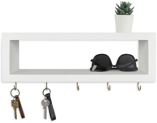 Lwenki Wall Shelf with Hooks - Decorative Key and Wallet Holder for Wall Holds Sunglasses, Leashes, Scarves and Lanyards - 15.7" x 5.1" x 2.9" Entryway Organizer Made of Paulownia Wood (White) by Lwenki