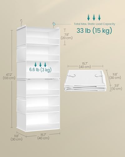SONGMICS Widended Hanging Closet Organizer and Storage, 6-Tier, Separable | Foldable,Fabric Storage Shelf with 4 Side Pockets, Metal Hooks and Bamboo Inserts, Cloud White, TINA Collection URCH007W01 - Image 2