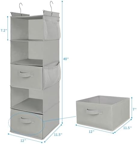 MAX Houser 5 Tier Shelf Hanging Closet Organizer, Cloth Hanging Shelf with 2 Sturdy Hooks for Storage, Foldable (Light Grey-D2) | Foldable Fabric Hanging Shelves for Closet, Cloth Hanging Shelves with 2 sturdy hanging hooks, Small Space Saver - Image 3