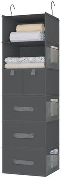 6-Shelf Hanging Closet Organizer with 5 Drawers, Non-Woven, Dark Gray | Spacious compartments sort clothes & undergarments; foldable drawers add hidden storage for closets, wardrobes or RVs. by Bosuelife
