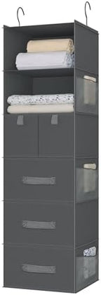 6-Shelf Hanging Closet Organizer with 5 Drawers, Non-Woven, Dark Gray | Spacious compartments sort clothes & undergarments; foldable drawers add hidden storage for closets, wardrobes or RVs. by Bosuelife