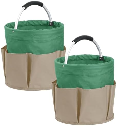 Set of 2 Foldable Cleaning Caddy for Cleaning Supplies, 17L Household Tool Bucket Organizer for Men, Large Cleaning Basket in 600D Oxford Fabric for Travel, Garden, Khaki with Green by IHOMAGIC
