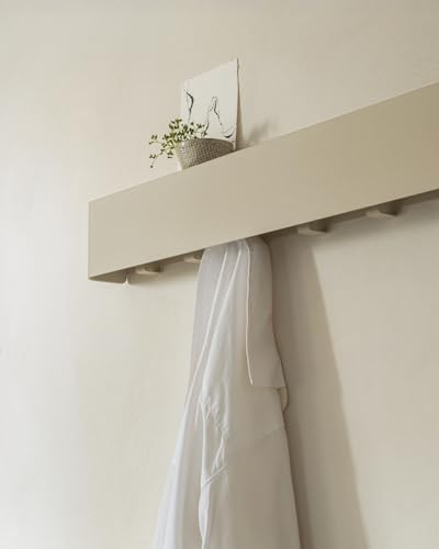 Kazai. Coat Rack Wall Mount with Shelf 'Tone' | Modern Design Coat Hanger with Hidden Hooks and Storage | Hat Rack with Shelf in Metal | Wall-Mounted Purse Organizer | Sand Taupe - Image 3
