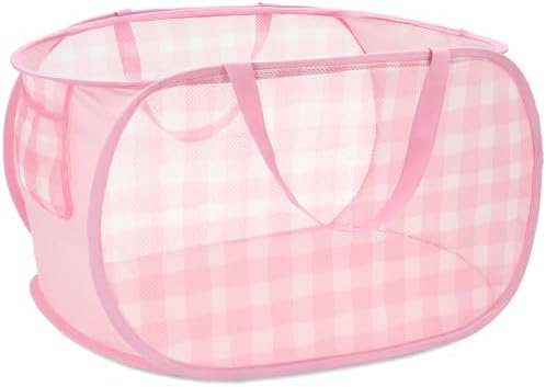 Sturdy Collapsible Laundry Baskets - Pop Up Laundry Hampers with Handy Pocket, Foldable Clothes Hamper with Reinforced Carry Handles for Bathroom, Kids Room, Dorm or Travel - Check Print, Pink by BATTOO