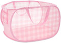 Sturdy Collapsible Laundry Baskets - Pop Up Laundry Hampers with Handy Pocket, Foldable Clothes Hamper with Reinforced Carry Handles for Bathroom, Kids Room, Dorm or Travel - Check Print, Pink by BATTOO