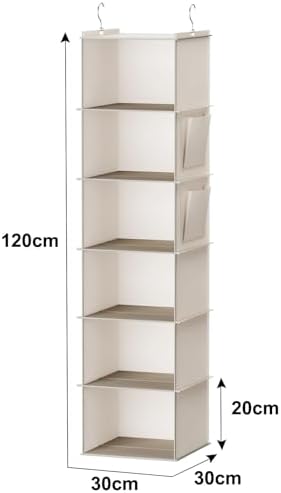 YOUDENOVA Hanging Closet Organizer and Storage, 6-Shelf, Beige | Breathable Fabric, 2 Side Pockets, Clothes Organizer, Hanging Shelves, Closet Storage, College Dorm Room Essentials for Guys - Image 3