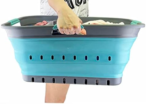 SAMMART 42L (11 gallon) Collapsible Plastic Laundry Basket - Foldable Pop Up Storage Container/Organizer - Space Saving Hamper/Basket (Grey/Crystal Blue) - Image 7
