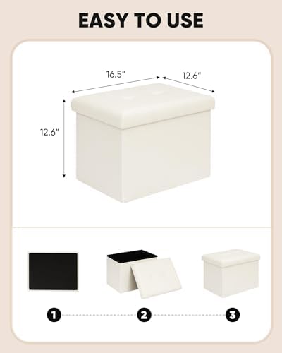 B FSOBEIIALEO Folding Storage Ottoman, 16.5" Faux Leather Ottomans, White - Image 3