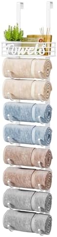 HapiRm Towel Racks for Bathroom Storage - 9 Tier Over The Door & Wall Mount Rolled Towel Storage Organizer Holder with Metal Shelf Basket for Small Bathroom, Camper, Rv - White, Patented by HapiRm