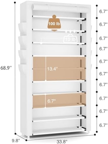 VTRIN Tall Shoe Rack with Cover, 10 Tier Shoe Organizer Storage for 50-55 Pairs Shoes and Boots Large Capacity Shoe Shelf with 8 Pockets Free Standing Shoe Rack for Closet, Entryway, Garage, White - Image 3