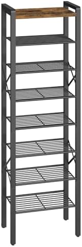 YATINEY 8-Tier Narrow Shoe Rack, Tall Shoe Rack for 8-16 Pairs, Slim Shoe Storage Organizer with Wooden Top, Space Saving, Metal Frame, for Entryway, Rustic Brown and Black SS608BR by Yatiney