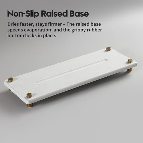 Razborci Water Absorbing Stone Sink Caddy Kitchen Sink Organizer Tray, Diatomite Bathroom Counter Tray, Gold Faucet Drying Mat Coaster Soap Dish Rack Riser Dispenser Sponge Holder, Beige 12.5" x 4.5" - Image 7