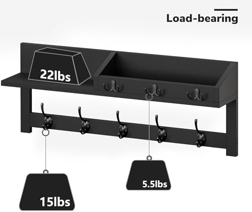 AMBIRD Wall Hooks with Shelf, 26.57 Inch Entryway Wood Coat Hooks for Wall, Coat Rack Wall Mount Rack with 5 Dual Hooks 3 Key Hooks Mail Organizer and Key Rack Key Holder (Black) - Image 7