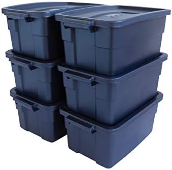 Rubbermaid Roughneck Tote 3 Gal, 6 Pack, Made in USA, Dark Indigo Metallic, Rugged Plastic Stackable Storage Bins with Lids and Handles by Unknown