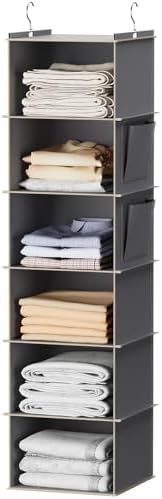 YOUDENOVA Hanging Closet Organizer and Storage, 6-Shelf, Grey | Dorm Room Essentials for Guys, Clothes Organizer with 2 Side Pockets, Hanging Shelves for Closet Storage, Breathable Fabric by YOUDENOVA