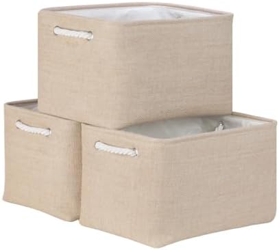 Bidtakay Large Storage Baskets for Shelves 3 Pack Fabric Storage Bins for Organizing Linen Collapsible Organizer for Closet-Flaxen by BidtakayBaskets