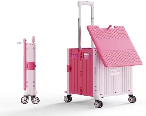 Foldable Utility Cart with Stair Climbing Wheels, Collapsible Rolling Crate with Telescoping Handle, Folding Shopping Trolley Handcart Grocery Book File Tool Teacher Storage Basket (Pink, 4 Wheels) by Gorocking