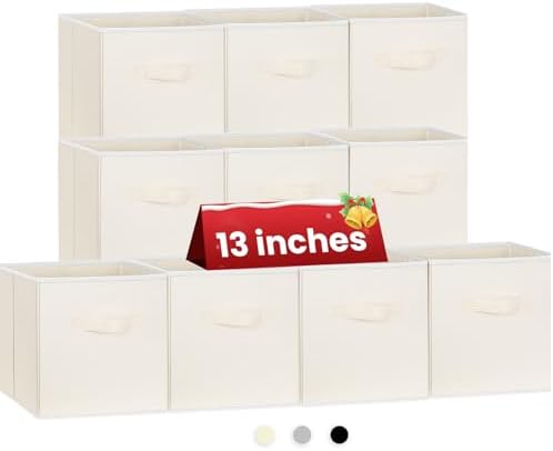 Criusia Large Storage Cubes, 13 Inch Cube Storage Bins for Shelves Closet Nursery Bedroom - 10 Pack Collapsible Storage Baskets with Handles - Fabric Bins for Organizing Magazines Clothes Toys (Beige) by Criusia