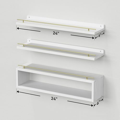WOPITUES Floating Shelves for Wall 24 inch with Cube Shelf, Wall Shelves with Metal Rail for Decor, Bathroom Organizers and Storage, Over Toilet Shelves for Bathroom, Toilet Paper-White&Gold - Image 3