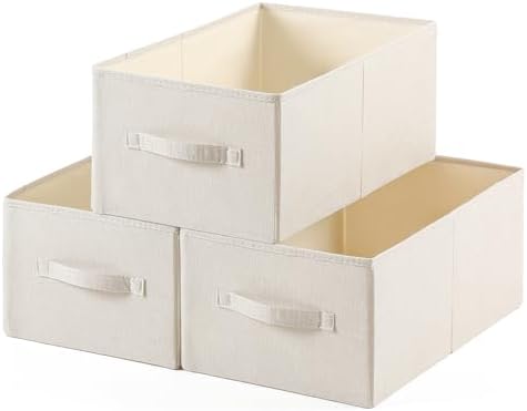 Linen Folding Storage Bins, 3 Pack Large Storage Baskets, Washable, Clothing Storage Bins with Handle, Closet Organizer for Storage Sweater,Sheets(Beige, 18½"x11 x8½) by Unknown