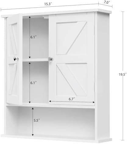 TEENFON Bathroom Wall Cabinet, Over The Toilet Space Saver Storage with Barn Doors & Adjustable Shelf, Hanging Medicine Cabinet, White 7.1" D x 15.4" W x 19.3" H - Image 3