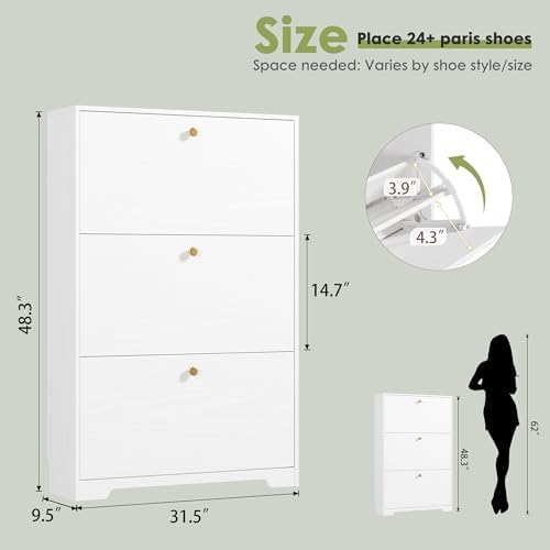 Nicetree Shoe Cabinet with 3 Flip Drawers, Narrow Shoe Organizer Cabinet, Freestanding Shoe Rack Cabinet, Modern Shoe Storage Cabinet for Entryway, Hallway, Foyer, White - Image 2