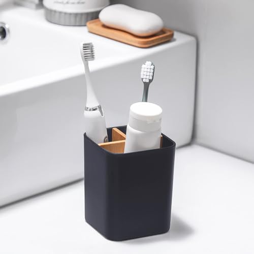 Bamboo Toothbrush Holder for Bathrooms Toothpaste Organizer - Cool Grey - Image 2