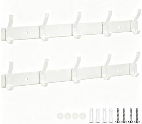 Wall Mount Coat Rack 2 Pack, White Coat Hooks Hanger with 5 Double Hooks by Dntorx
