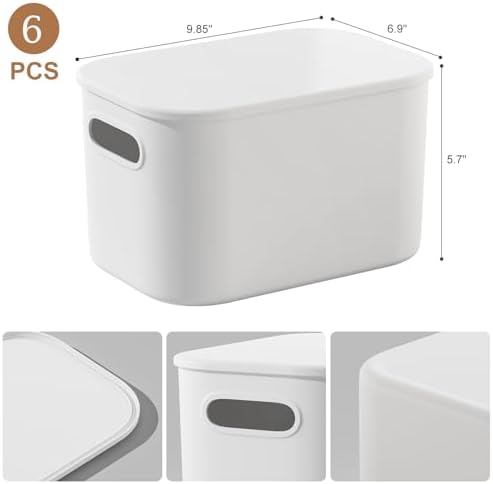 6 Pack White Storage Bins with Lids Stackable Storage Container for Organizing, Small Storage Boxes with Handle for Shelves, Cute Organizer Bins for Craft, Snacks, 9.85x6.9x5.7 inch - Image 5