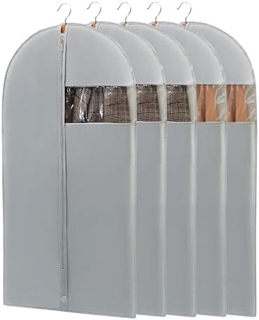 43" Garment Bags for Hanging Clothes, Suit Bags for Closet Storage and Travel, Grey Suit Cover Bags with Clear Window for Coats, Jackets, Shirts (5 Packs) by Perber