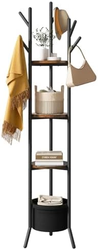 YMYNY Coat Rack, Freestanding Coat Stand with Storage Shelves, Hall Trees with 3 Wooden Shelves and 1 Fabric Basket, Metal Clothes Stand for Hats Bags Hallway Bedroom Rustic Brown UHGR005H by High-qualityhomefurnishing