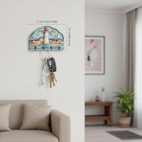 Wall Mounted Key Holder,Modern Wood Key Hanger with 4 Hooks for Wall Key Organizer Rack for Home, Office, Entryway Rustic Decorative Key Holders for Wall Decor, Beach Seagull - Image 2