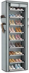 VILICK Shoe Rack with Cover Narrow Shoe Rack Organizer with 4 Side Pockets 10 Tier Tall Shoe Storage Shoe Shelf Holds 18-22 Pairs Shoes and Boots Shoe Rack for Closet, Grey by VILICK