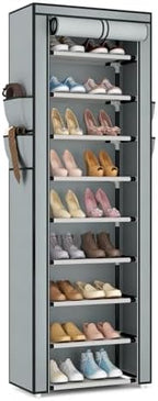 VILICK Shoe Rack with Cover Narrow Shoe Rack Organizer with 4 Side Pockets 10 Tier Tall Shoe Storage Shoe Shelf Holds 18-22 Pairs Shoes and Boots Shoe Rack for Closet, Grey by VILICK
