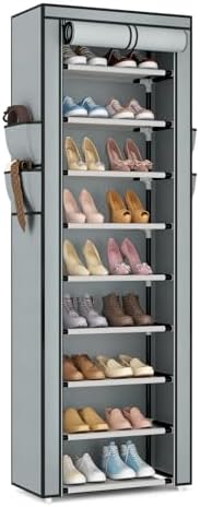 VILICK Shoe Rack with Cover Narrow Shoe Rack Organizer with 4 Side Pockets 10 Tier Tall Shoe Storage Shoe Shelf Holds 18-22 Pairs Shoes and Boots Shoe Rack for Closet, Grey by VILICK