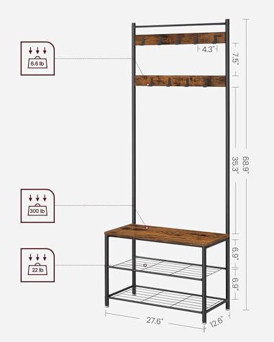VASAGLE Coat Rack, Hall Tree with Shoe Storage Bench, 3-in-1, Steel Frame - Image 4