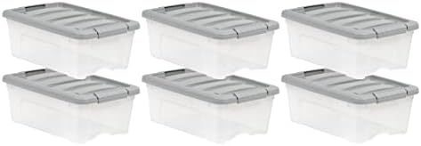 Amazon Basics Plastic Storage Containers with Secure Latching Lids, Stackable Organization Bins, Clear/Grey, 12 Quart, Set of 6 by AmazonBasics